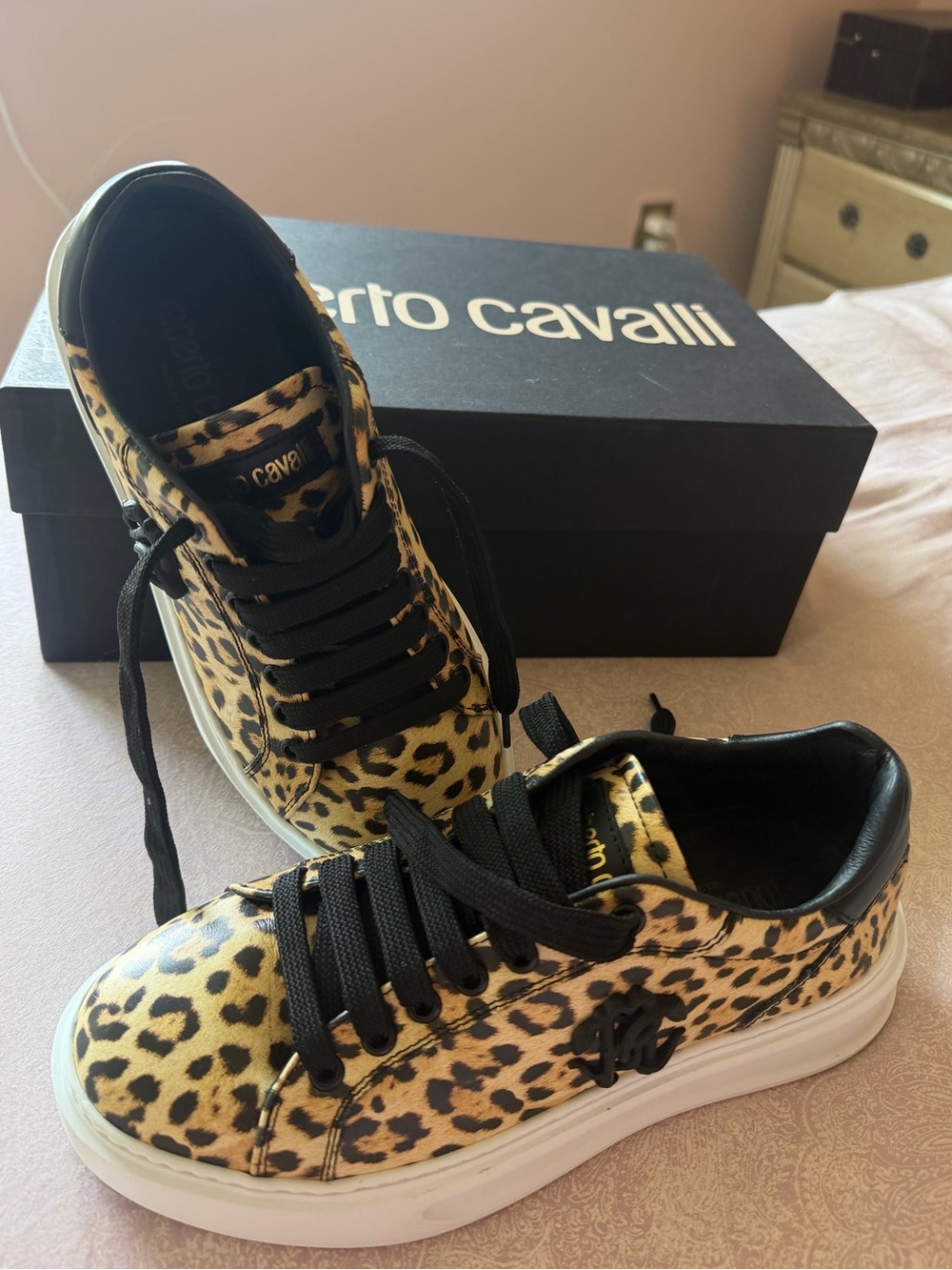 Roberto Cavalli Leopard Print Sneakers in Yellow, Black and White